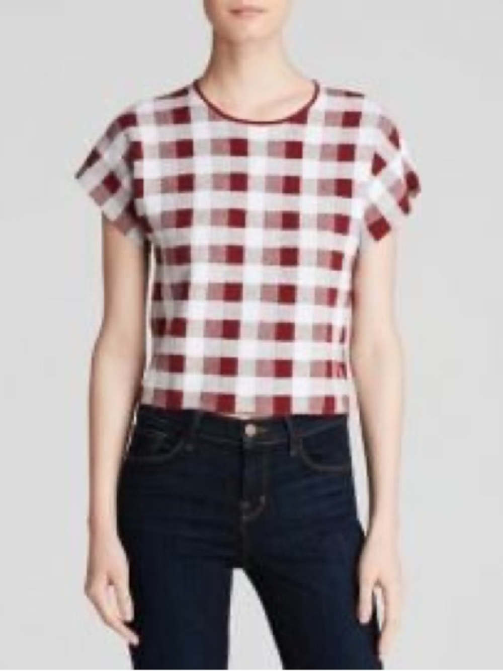 Theory Seblyn Stonemarl Knit Top Beetroot Gingham Plaid M